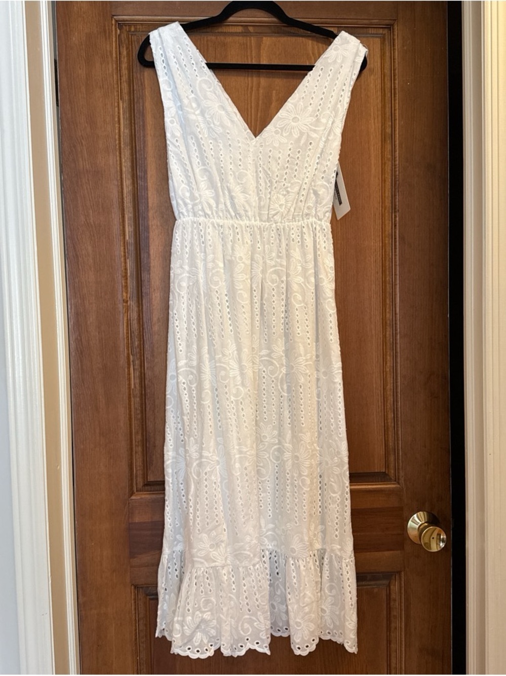 Sleeveless White Eyelet V-Neck Midi Dress